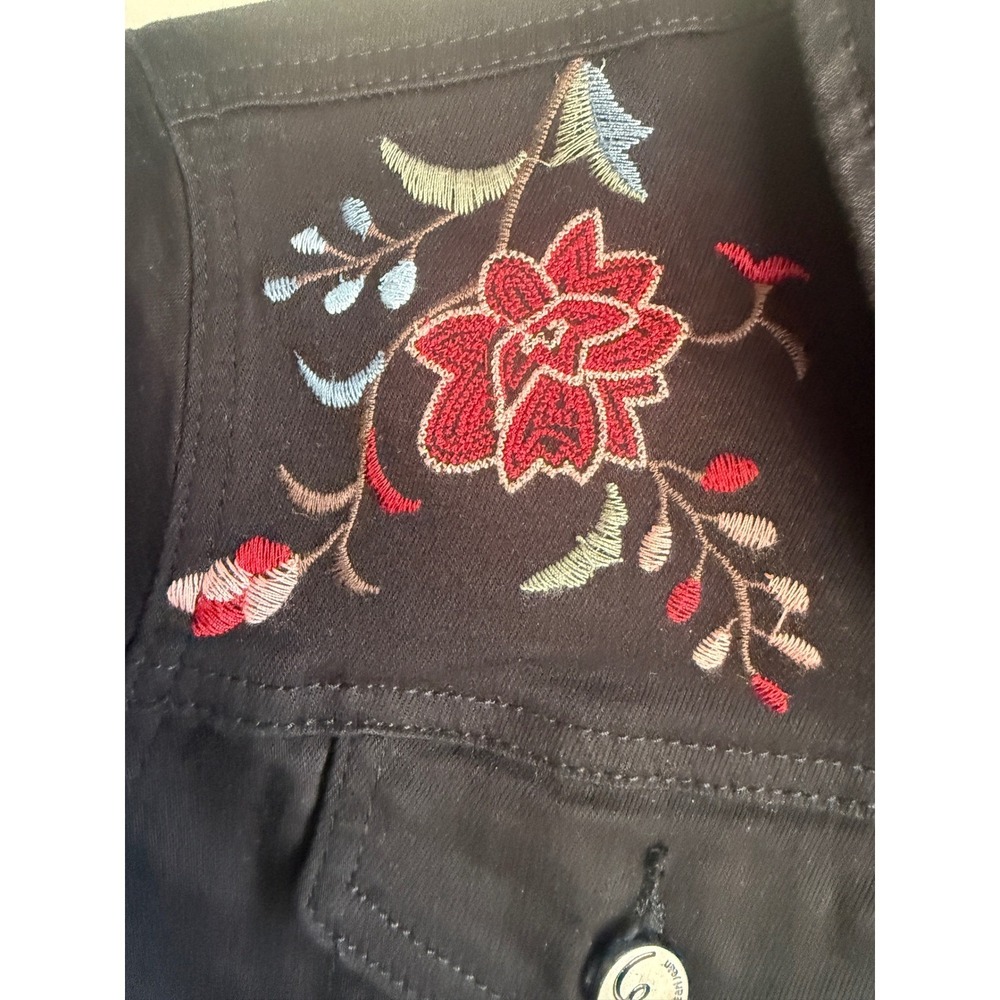 Earl Jean Black Denim Trucker Jacket Floral Embroidered Womens Large L Boho - Picture 3 of 10